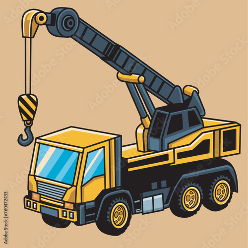 Industrial yellow crane truck. Modern truck crane with an upper cabin and on wheels elevating heavy glass element. Flat design. Vector illustration