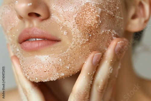 Close up of woman face with scrub product on her skin  body care and skin exfoliation routine. 