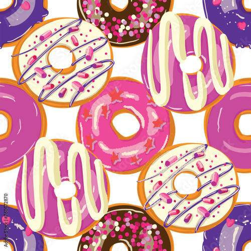 Seamless donut pattern on white background with various pink and chocolate toppings