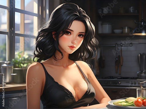 Beautiful anime woman with black wavy hair wearing a black dress in the kitchen with a seductive expression. AI Generative.