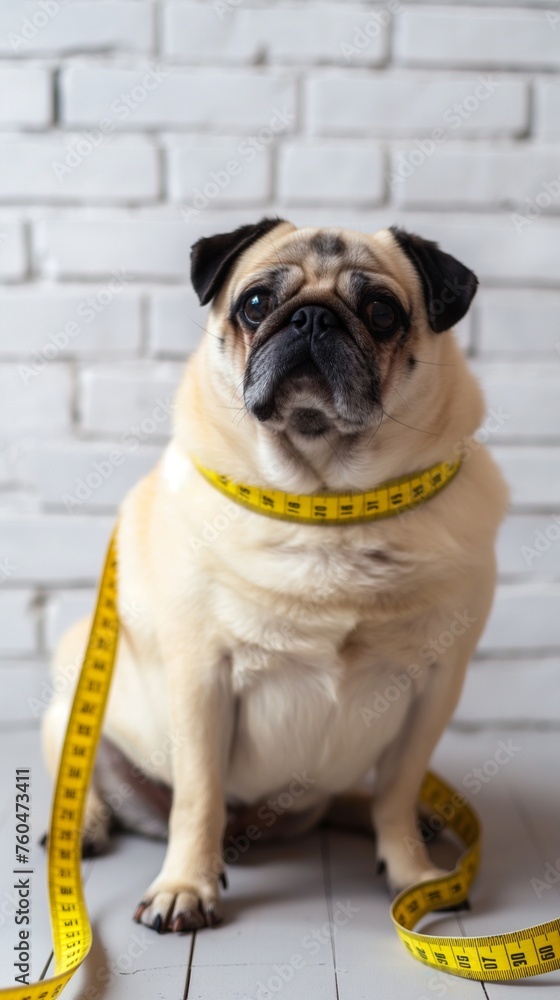 A cute fat pug sits embraced by a yellow measuring tape, conveying the essence of the anti-obesity struggle in dogs against a clean white brick wall.