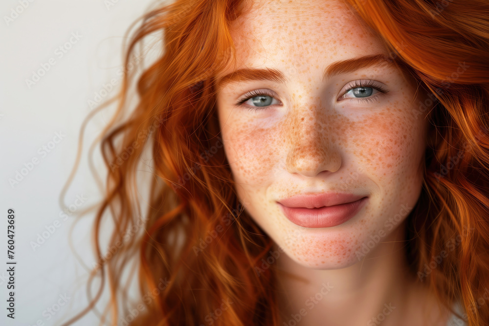 Close up shot of a good looking girl Redhead with freckles isolated solid background Close up shot of a good looking girl Redhead with freckles isolated solid background