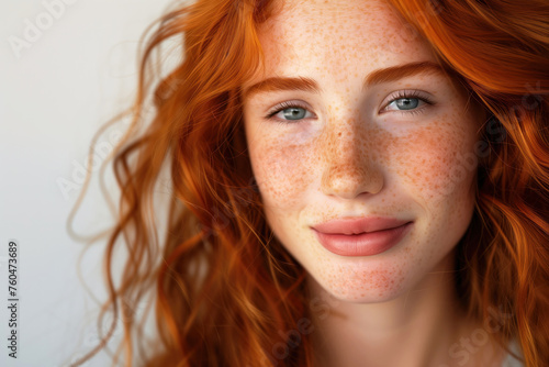 Close up shot of a good looking girl Redhead with freckles isolated solid background