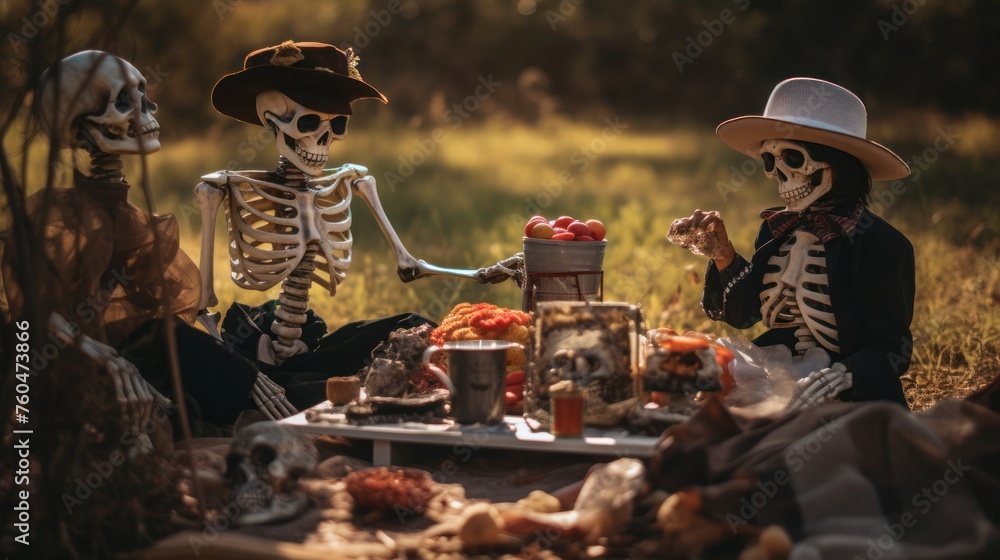 Skeletal Delight: Dia De Los Muertos Picnic with Skeleton Family