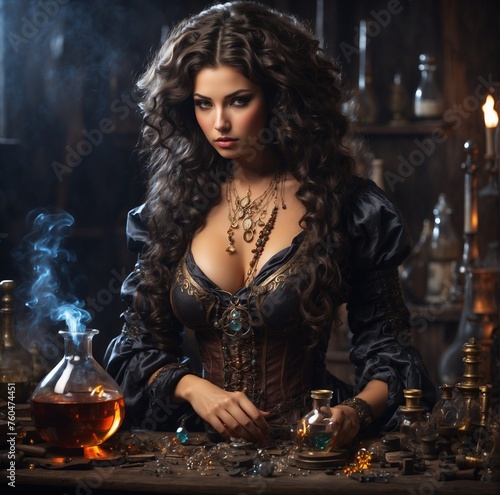 belle femme alchimiste préparant des potions photo