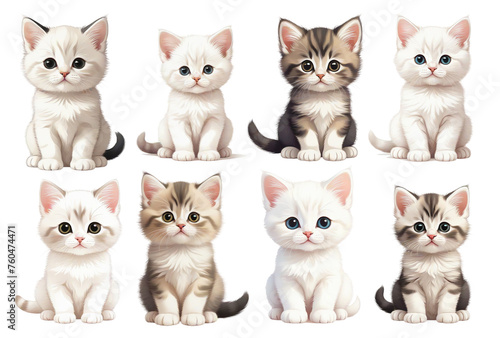 A group of adorable kittens sitting closely together in a cute and cozy huddle. On Transparent background.