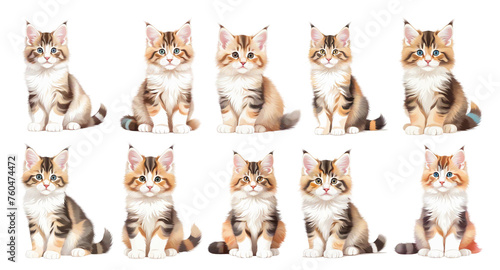 A harmonious scene of a diverse group of cats sitting together in perfect unison, showcasing their unique personalities. On Transparent background.