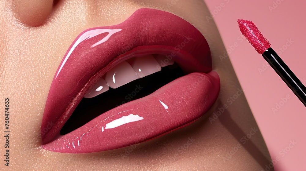 Obraz premium Beauty pink lips make-up. Natural full lips. Cosmetic product swatch