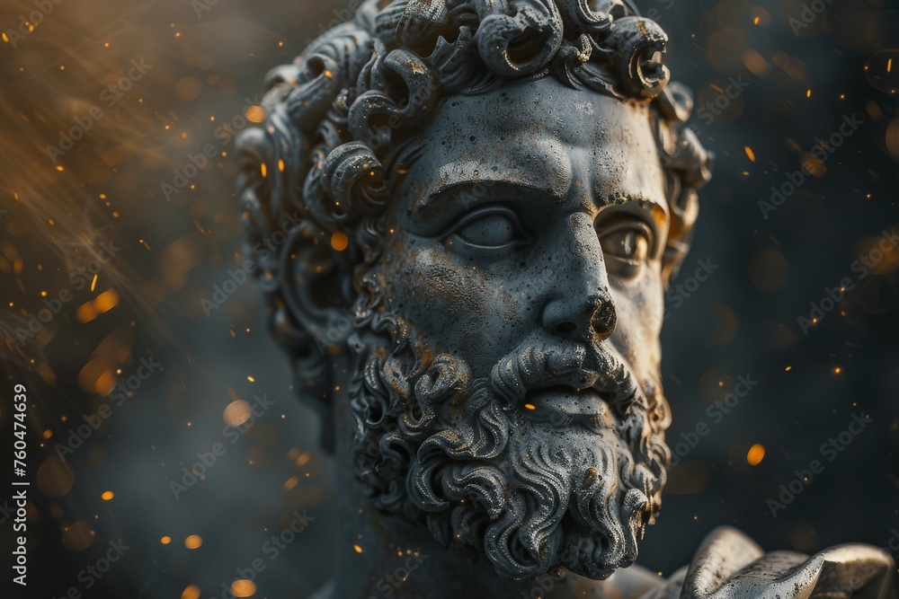 Classical stoic greek, roman statue with a colorful spark background. A classical sculpture with intricate details, focusing on historical art, with the face area blurred for anonymity