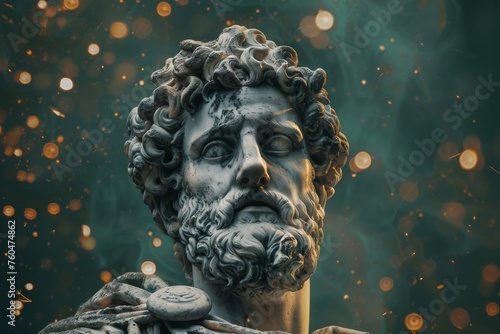 Classical stoic greek, roman statue with a colorful spark background. A classical sculpture with intricate details, focusing on historical art, with the face area blurred for anonymity photo