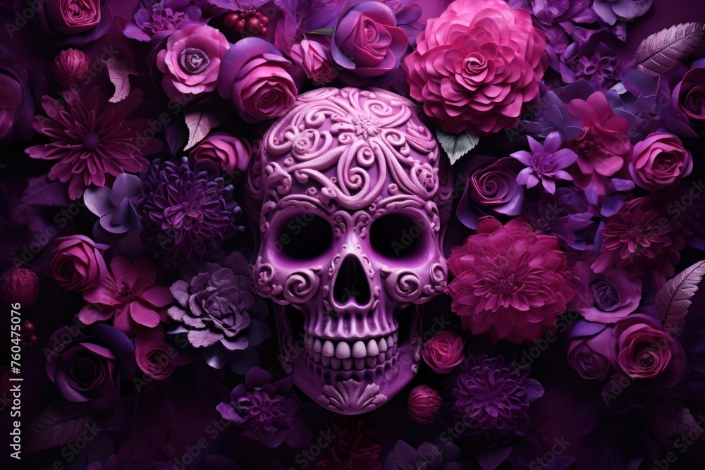 Vibrant Day of the Dead Sugar Skull Amidst Blossoming Florals