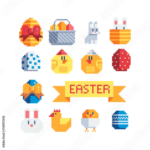 Happy Easter design pixel art icons set. Greeting card with rabbit, bunny, eggs and chicken. Isolated vector illustration.	