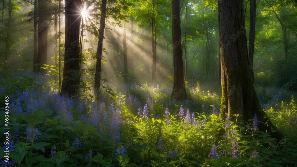 Obraz premium green forest landscape with sunrise images, hd wallpaper