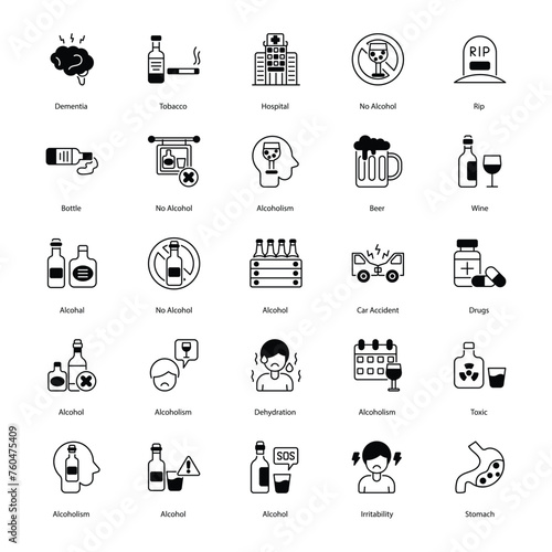 set of Alcoholism icons such as Alcoholism, addiction, recovery, sobriety, support, rehabilitation, health, wellness, intervention, treatment,