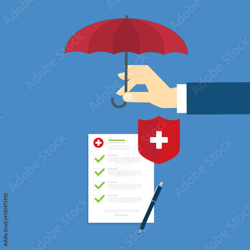Medical healthcare insurance. Red shield on patient protection policy and pen. Medicine symbol.  © madedee