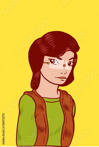 A brunette cartoon girl bust with glasses over a yellow background. Vector Illustration