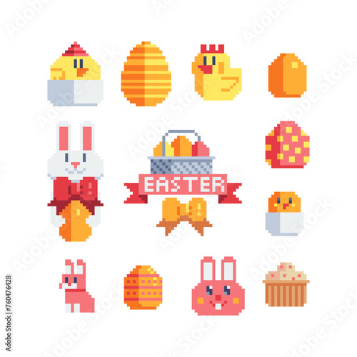 Happy Easter design pixel art icons set. Greeting card with rabbit, bunny, eggs and chicken. Isolated vector illustration.	