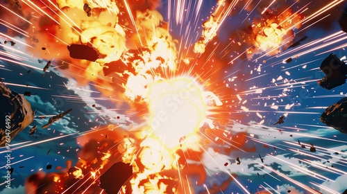 Anime style space explosion background, cartoon blast with fire and particles