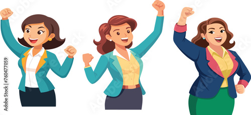 female characters in work clothes with fists raised to signify victory