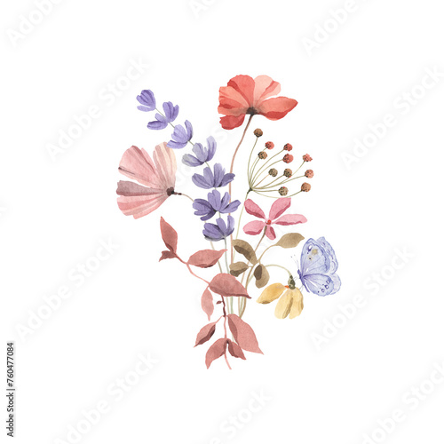 Card with colorful abstract wildflowers and butterfly, watercolor isolated illustration, floral print for greeting or invitation cards, holiday poster or delicate floral decor.