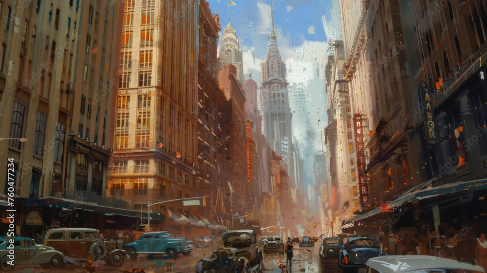 A painting depicting a city street packed with vehicles and pedestrians moving in various directions, showcasing the chaos of urban traffic