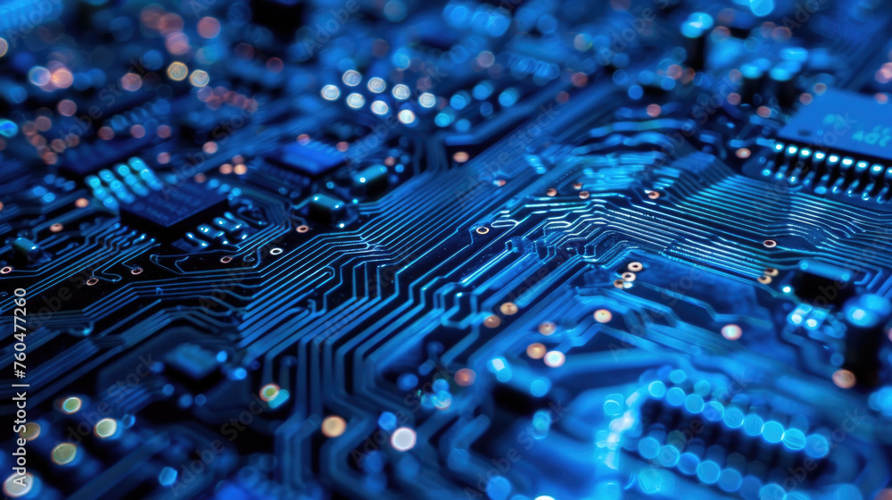 Detailed view of a computer circuit board showing various components and intricate wiring patterns Detailed view of a computer circuit board showing various components and intricate wiring patterns