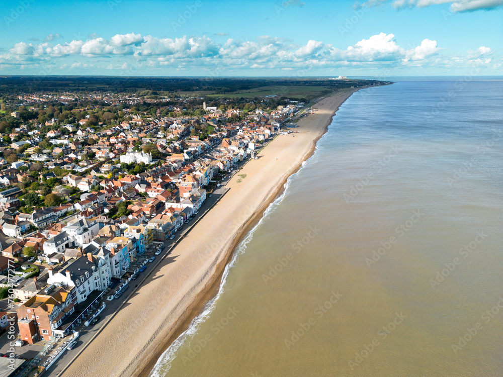 Aerial image of the popular Suffolk seaside town of Aldeburgh. In the distance the Sizewell B Nuclear Power station can just be seen.