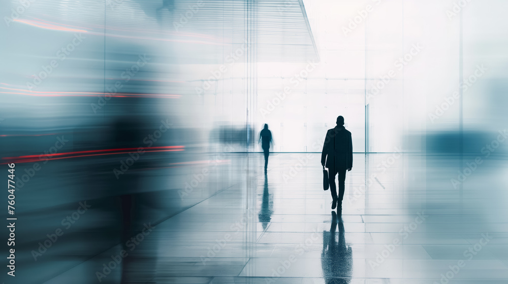 Fototapeta premium Blurred figure walking in sleek corridor.