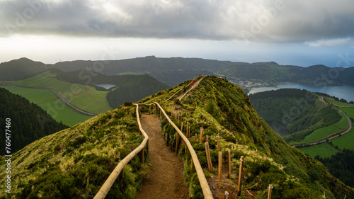 View from Miradouro da Boca do Inferno to Sete Citades, Azores, Portugal during sunset or sunrise  photo