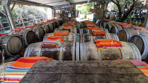 Barriques de vinaigre dans une vinaigrerie artisanale bouchées par des tissus catalans  photo