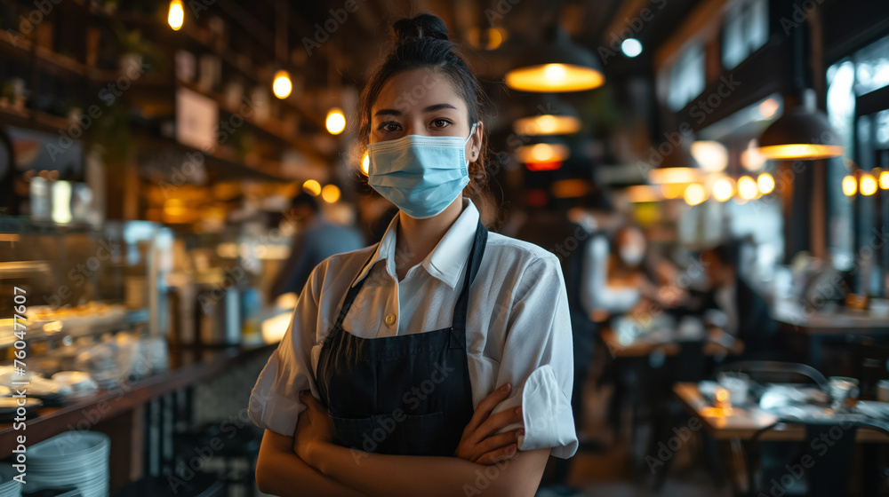 Fototapeta premium Waitress with mask standing in cafe.