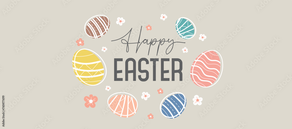 Happy Easter handwritten lettering line design. Easter eggs outline banner. Outline illustration on pastel background with colored decorative eggs