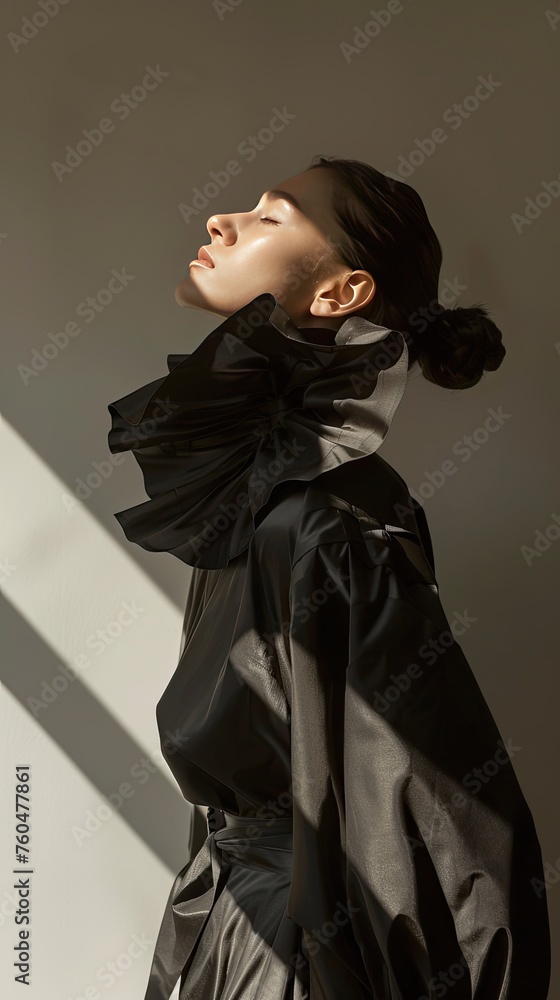 A dramatic studio shot with a model wearing a high-fashion sculptural garment