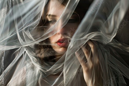 A dramatic beauty portrait with a model draped in sheer fabric playing with transparency and form photo