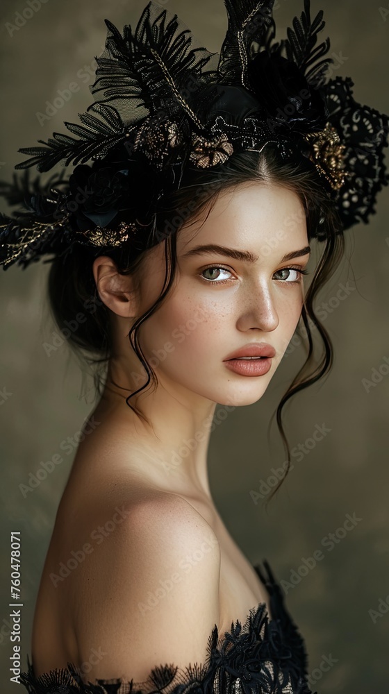 Fototapeta premium A studio portrait capturing the elegance of a model wearing a vintage-inspired headpiece