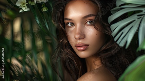 A serene beauty portrait of a model surrounded by natural elements like flowers or leaves