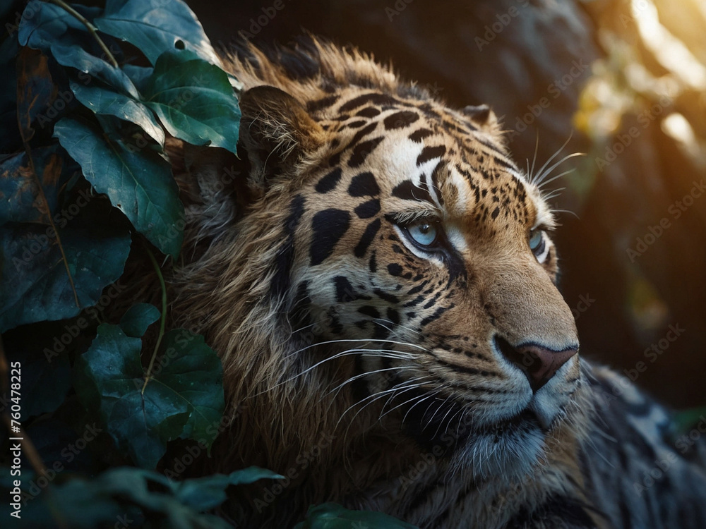 Portrait of a tiger in the jungle at sunset