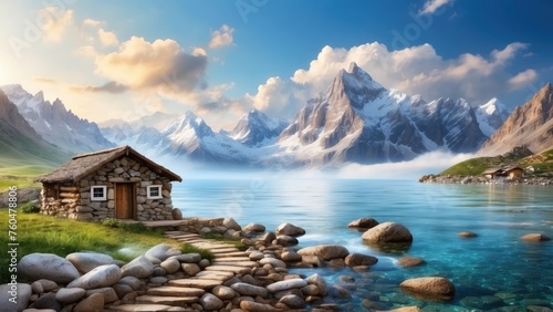 paradise view with ocean and trees, with blue sky, beautiful paradise with cabin