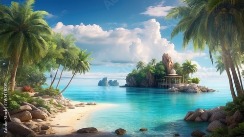 paradise view with ocean and trees, with blue sky, beautiful paradise