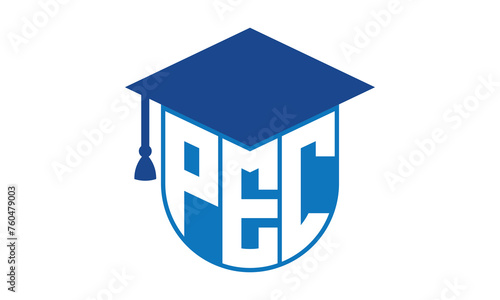 PEC initial letter academic logo design vector template. school college logo, university logo, graduation cap logo, institute logo, educational logo, library logo, teaching logo, book shop, varsity