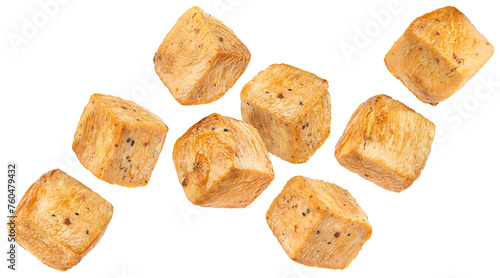 Roasted chicken cubes isolated on white background photo