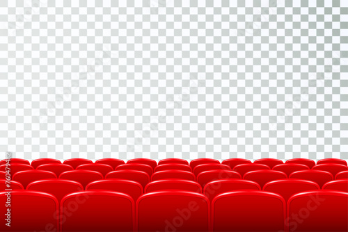 Rows of red cinema or theater seats in front of transparent background. Vector.