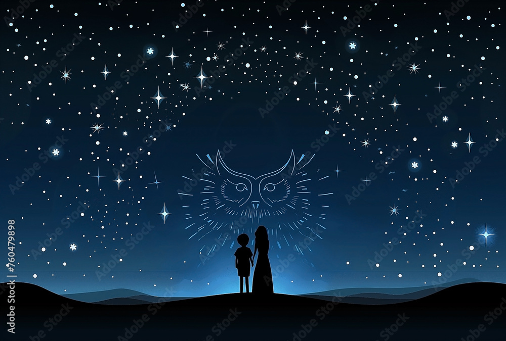 a boy and woman are looking at the stars on the night sky with an owl background. Couple make a wish