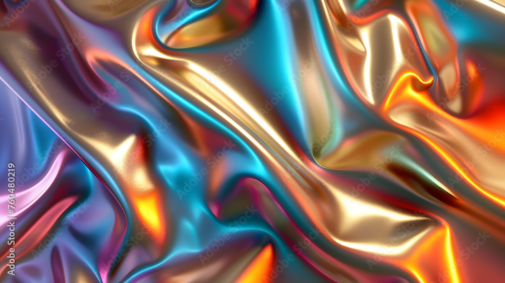 3d render, abstract background, iridescent holographic foil, metallic texture, ultraviolet wavy wallpaper, fluid ripples, liquid metal surface, esoteric aura spectrum, bright hue colors - obrazy, fototapety, plakaty 