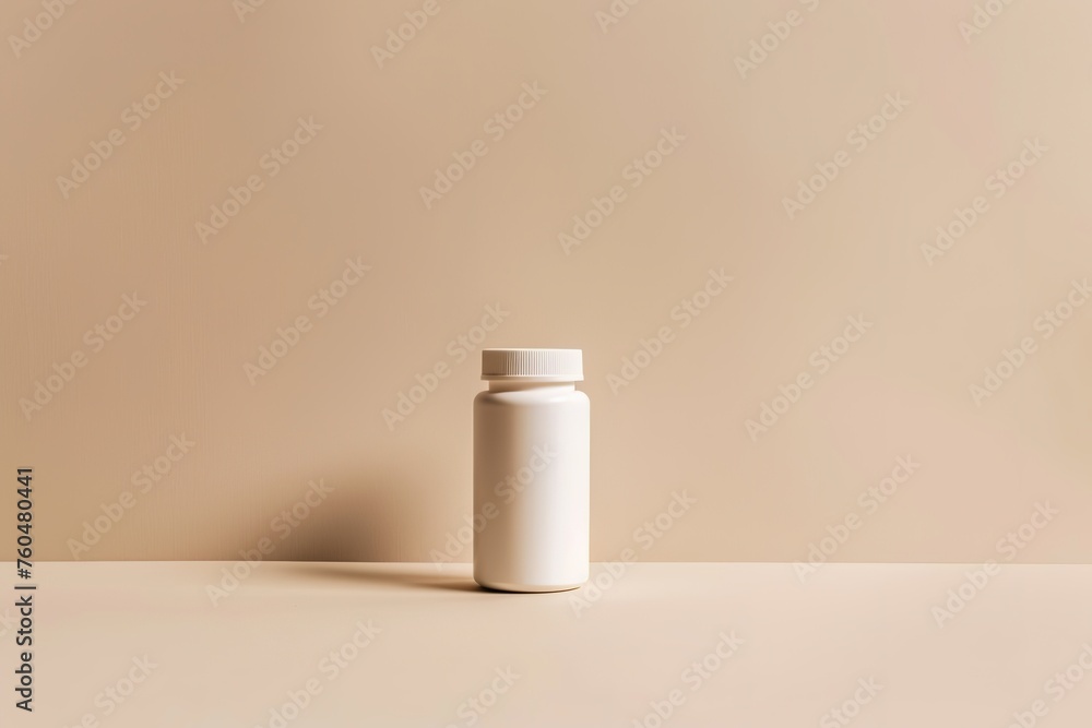 White pill bottle on a beige background with soft shadow. White pill bottle on a beige background with soft shadow.