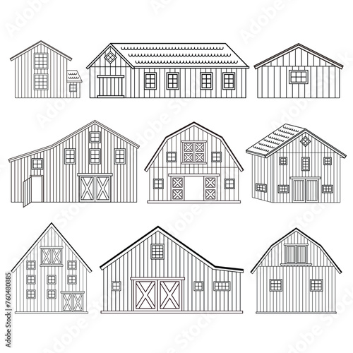 Fototapeta Naklejka Na Ścianę i Meble -  Big set of black white red wooden barns with windows, doors. Isolated vector houses icons on the white background for coloring book