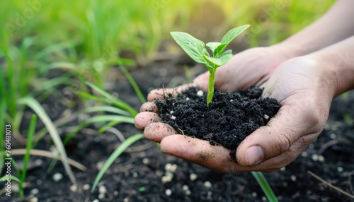Hands holding a young plant sprout in the soil. The concept of sustainable agriculture and care for the environment