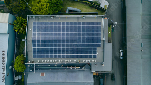 installation of solar panels on the roof of a factory, from a drone's aerial perspective