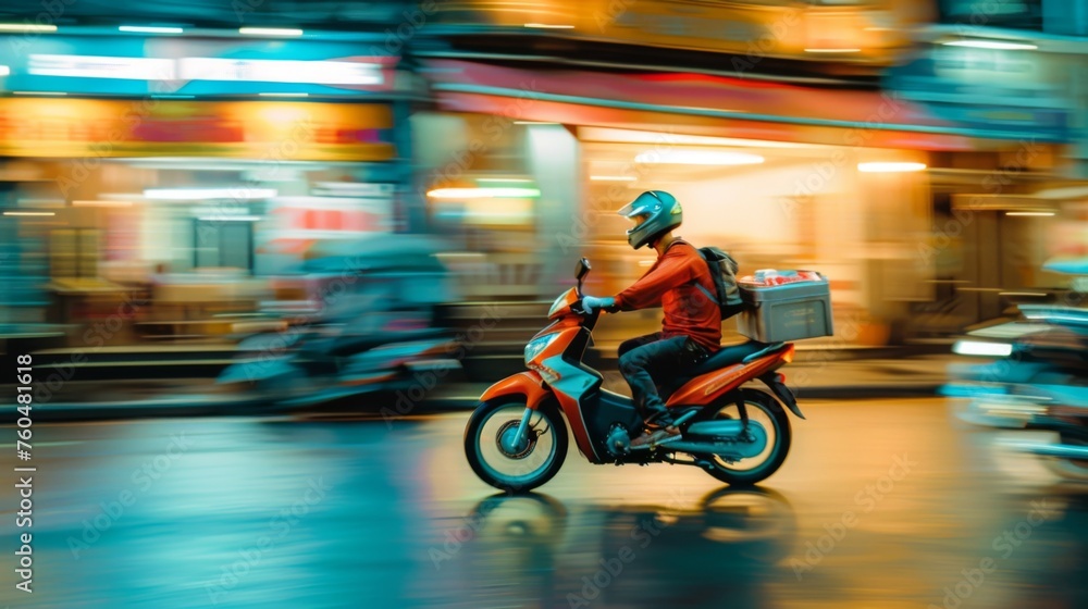 Food delivery man on a scooter deftly navigates traffic jams and delivers food quickly and efficiently Food delivery man on a scooter deftly navigates traffic jams and delivers food quickly and efficiently