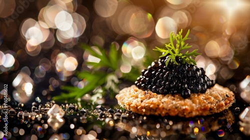 Black caviar on a crispy cracker, accented with delicate herbs and shimmering diamonds photo
